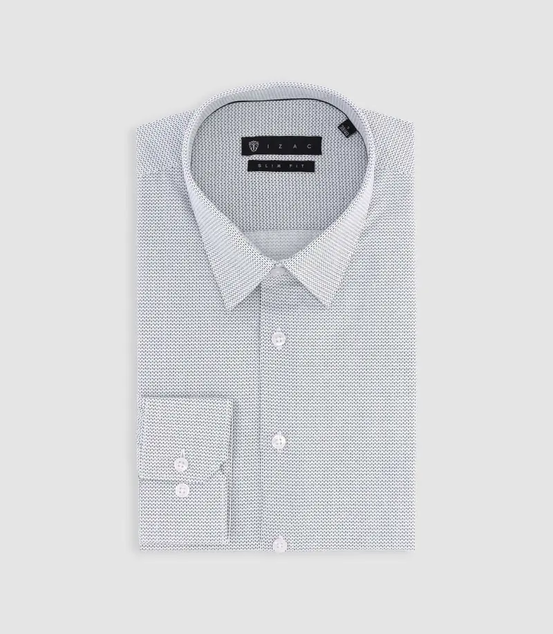 Chemise slim imprimée micro motifs blanche et marine PRESTO
