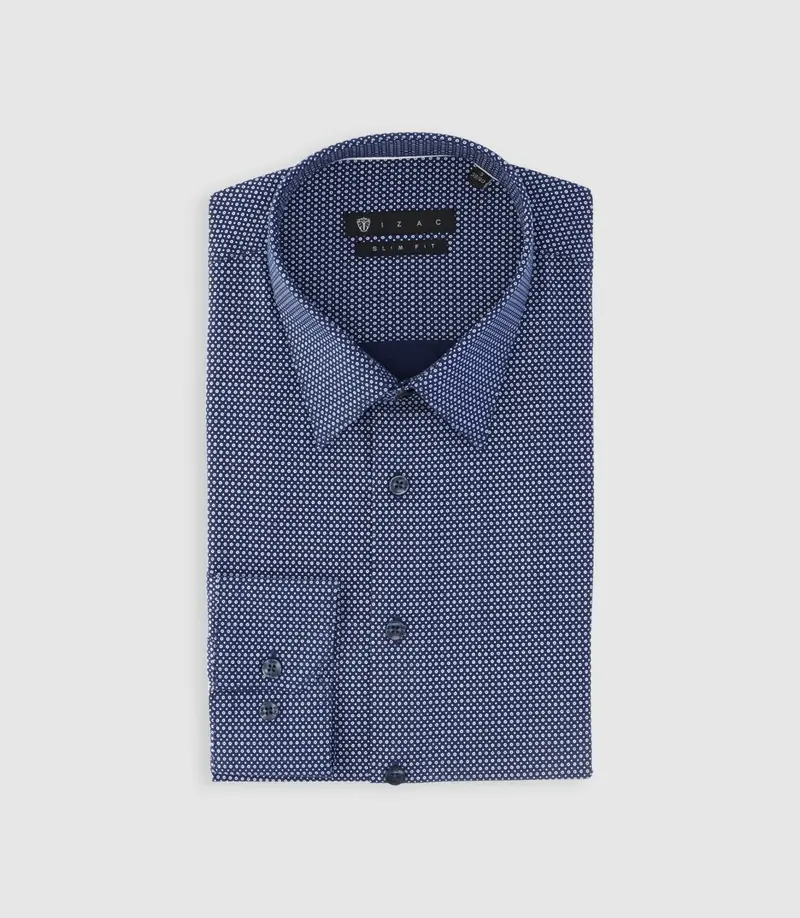 Chemise slim imprimée micro motifs marine et blanc PERLE