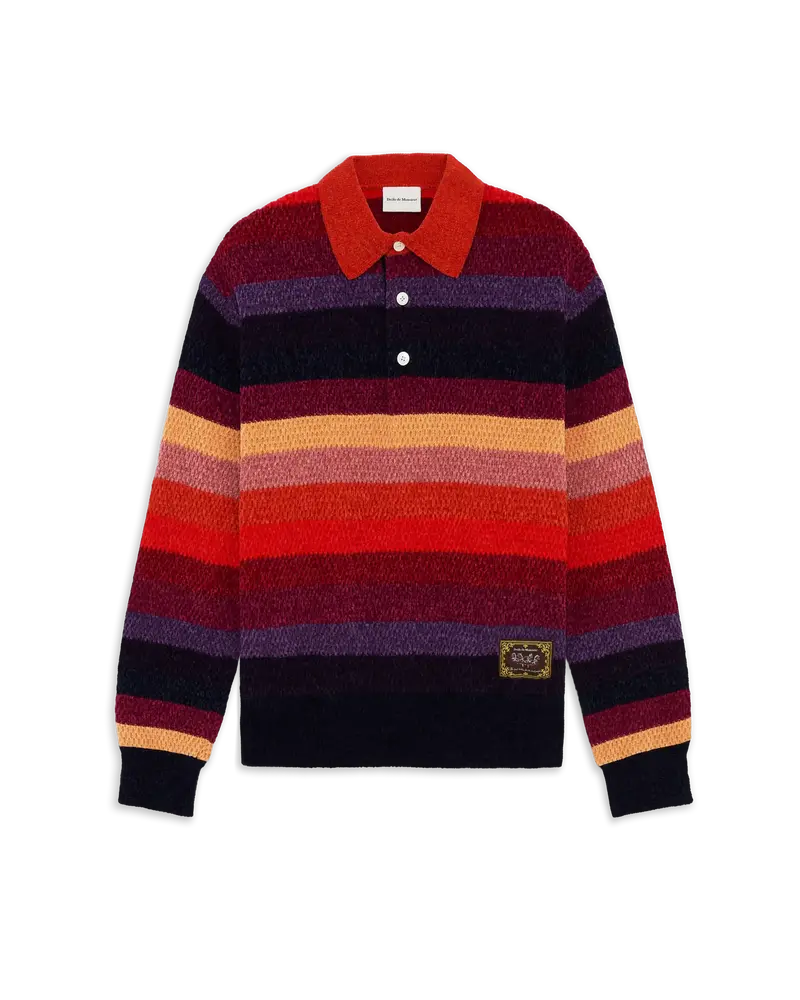 Chenille Striped Long Sleeve Polo Horse Patch