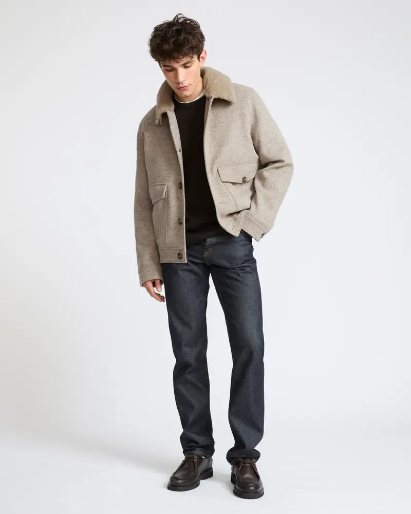 Chevron wool jacket with lambskin shearling trim