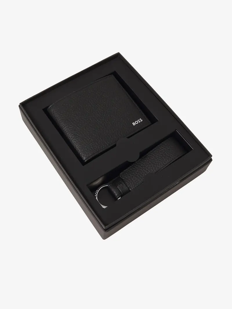 Coffret portefeuille et porte-clés BOSS noir en cuir