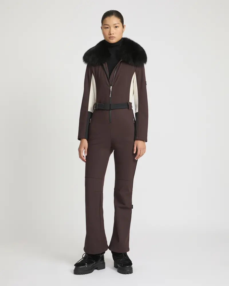Combinaison de ski en tissu softshell col amovible fourrure de renard