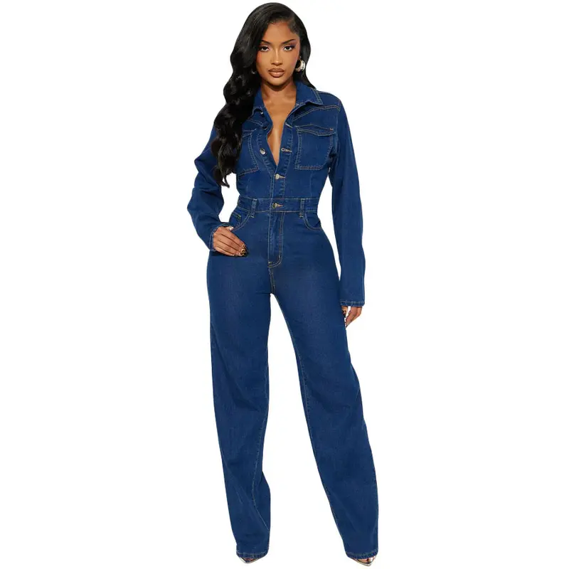 Combinaison Jean Femme Slim Stretch Patte d'Éléphant Manches Longues Lavé – Bleu Foncé S–2XL