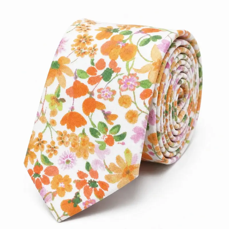 Cravate Liberty fleurs oranges et roses en coton