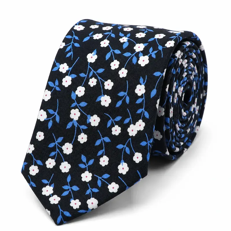 Cravate Liberty noir fleurs blanches et bleues