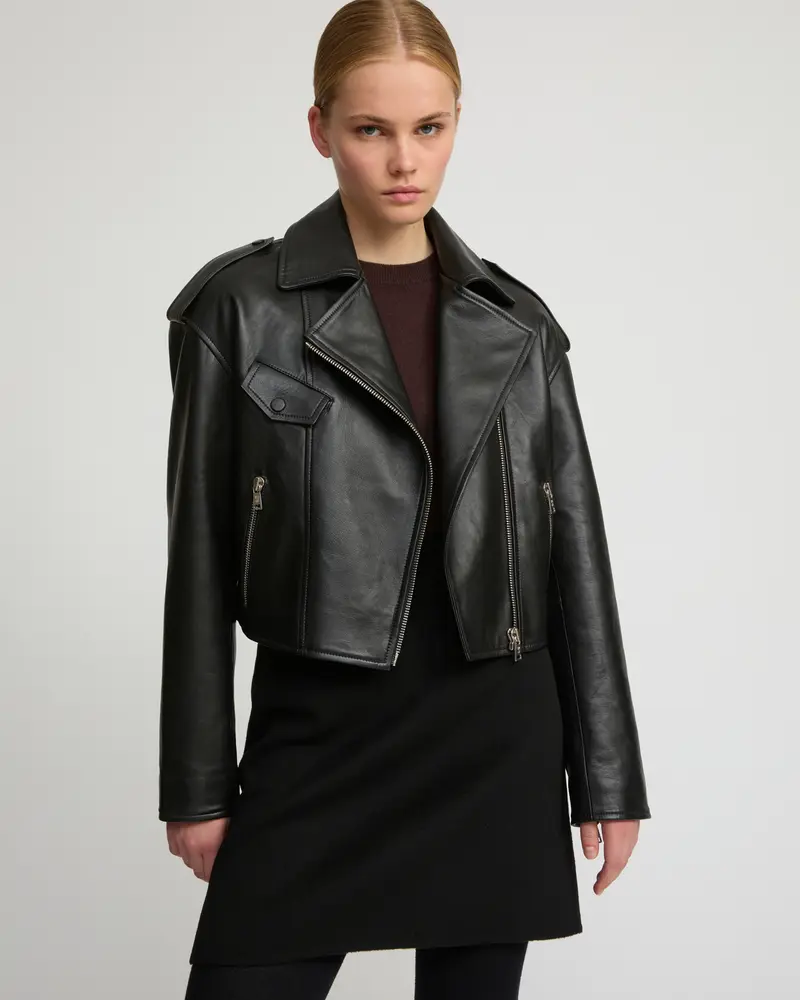 Cropped lambskin biker jacket