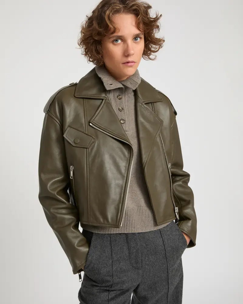Cropped lambskin biker jacket