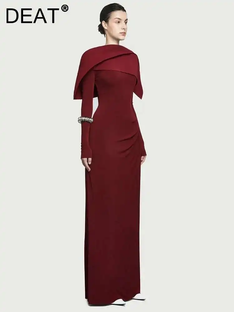 DEAT robe élégante plissée asymétrique Cape à manches longues contraste couleur femmes robes de soirée 2026 printemps nouveau 35Z1621