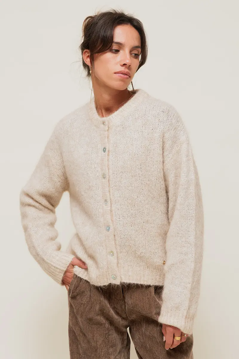 DELYA - Gilet Col Rond en Maille Alpaga Beige