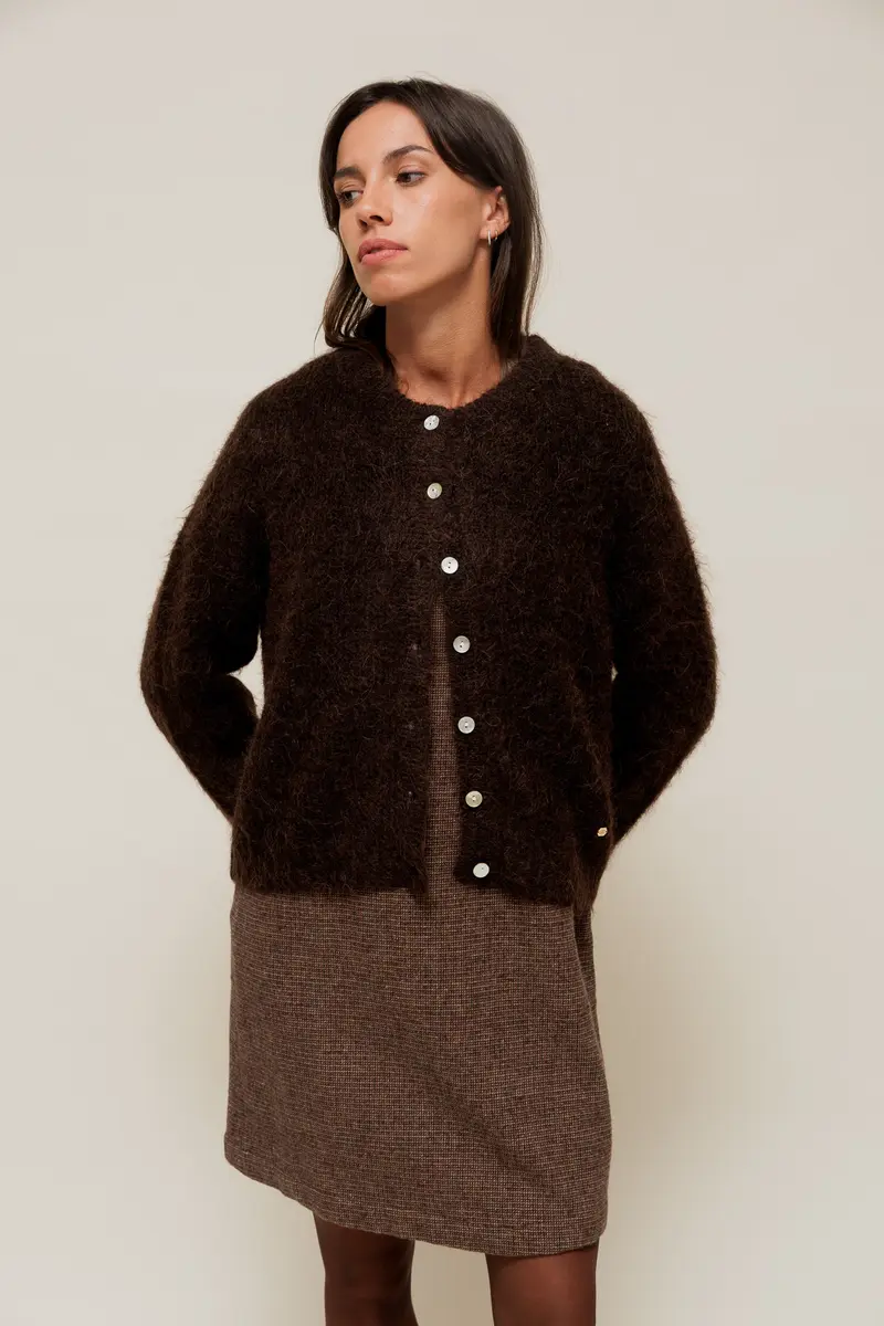 DELYA - Gilet Col Rond en Maille Alpaga Marron