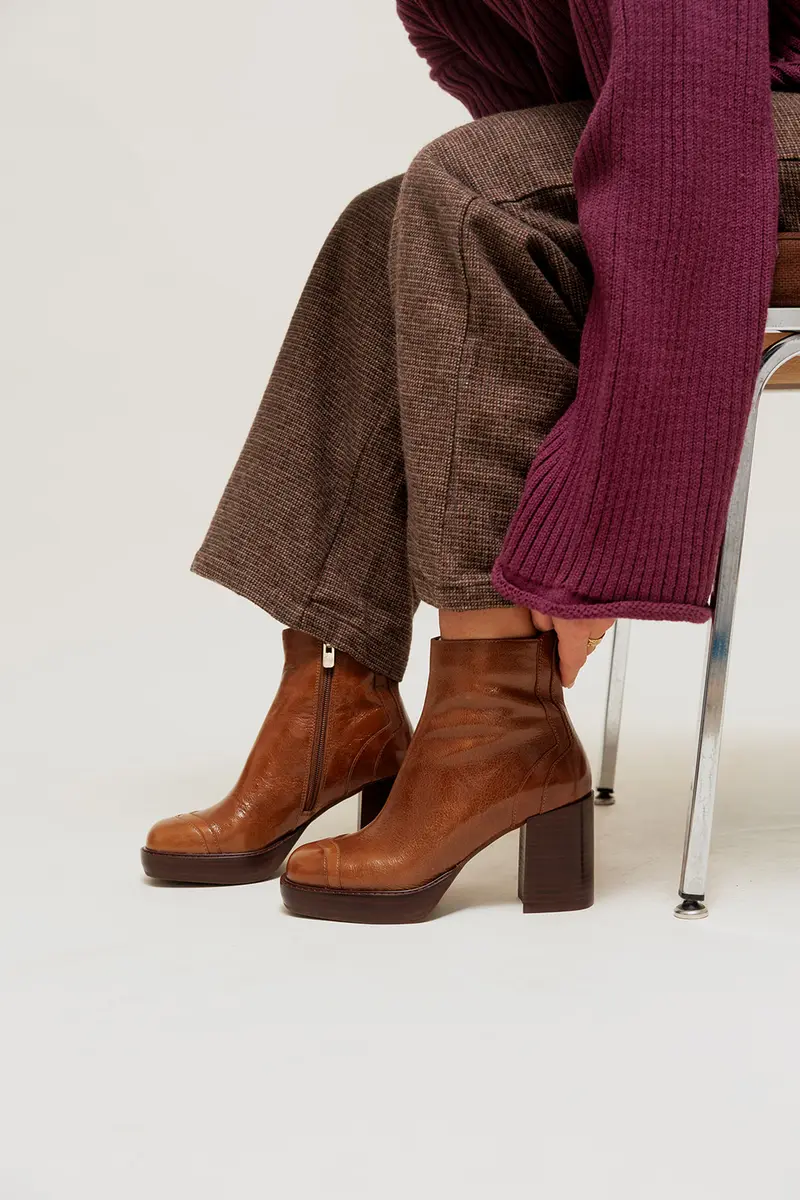 DONNA - Bottines à Plateforme en Cuir Cognac
