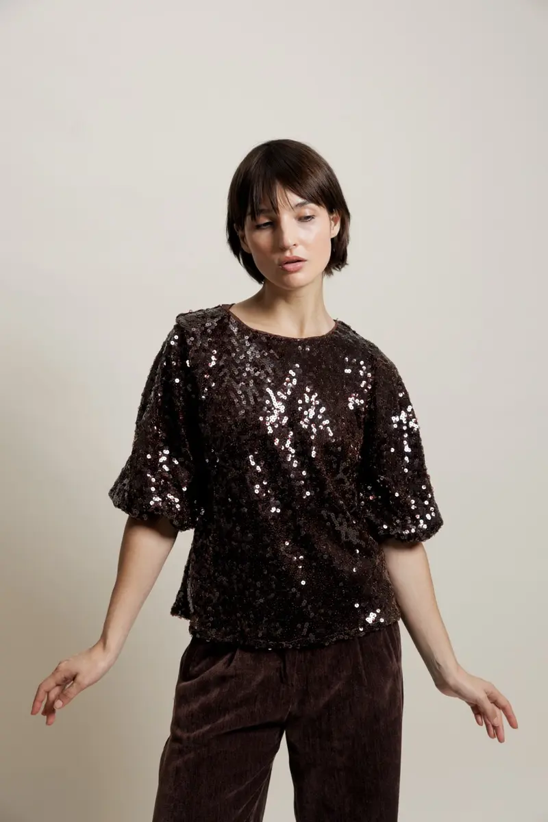 DORYA - Blouse à paillettes manches 3/4 marron
