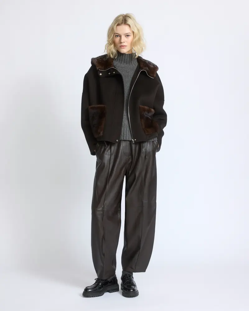 Double-sided cashmere wool hooded jacket with mink fur