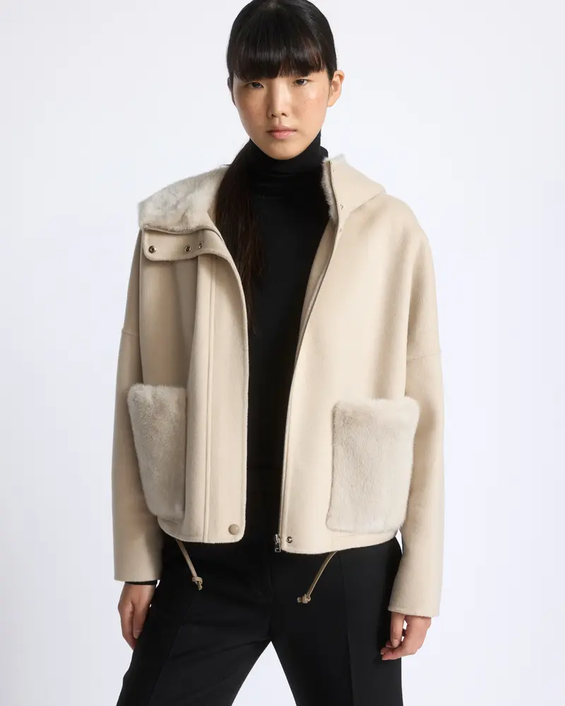 Double-sided cashmere wool hooded jacket with mink fur