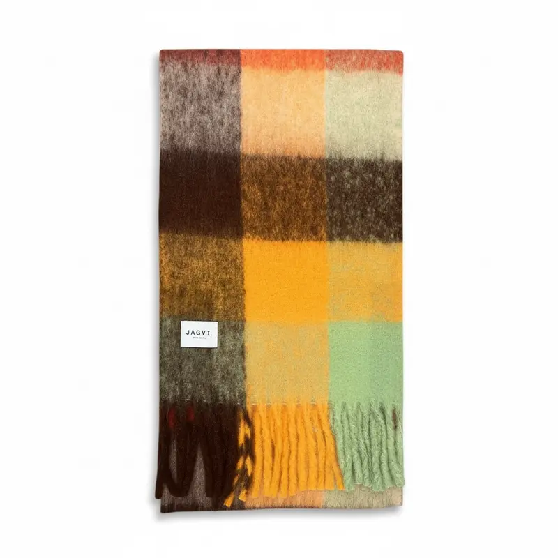 Echarpe laine recyclée carreaux orangés