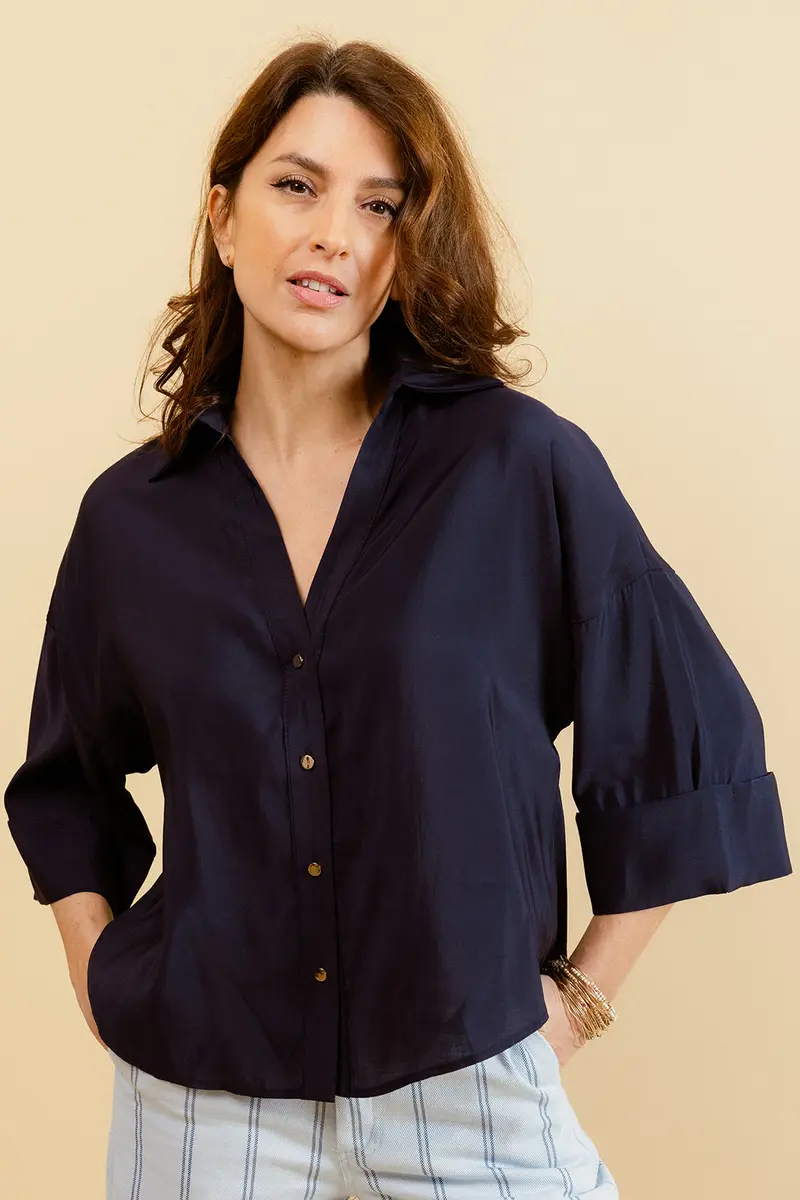 ÉLIA - Chemise Unie Marine Femme Col V