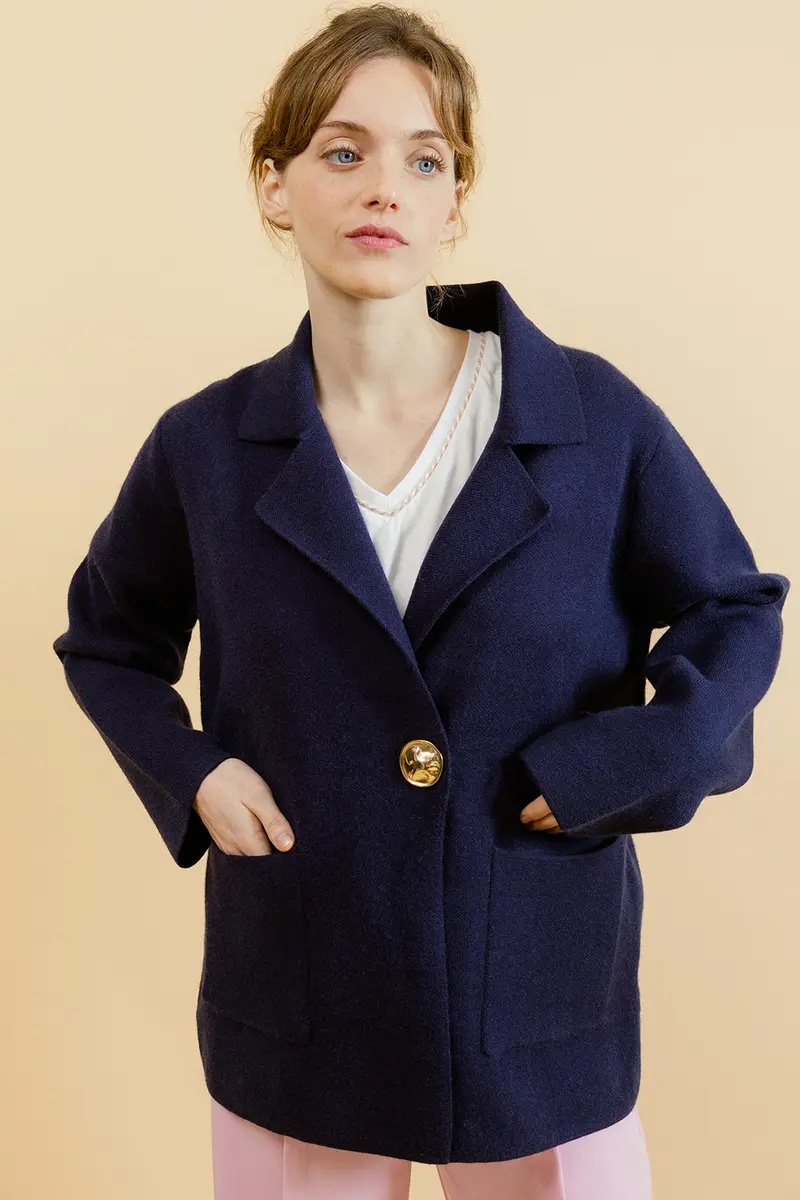 ELLIS - Gilet Blazer Marine en Maille Femme