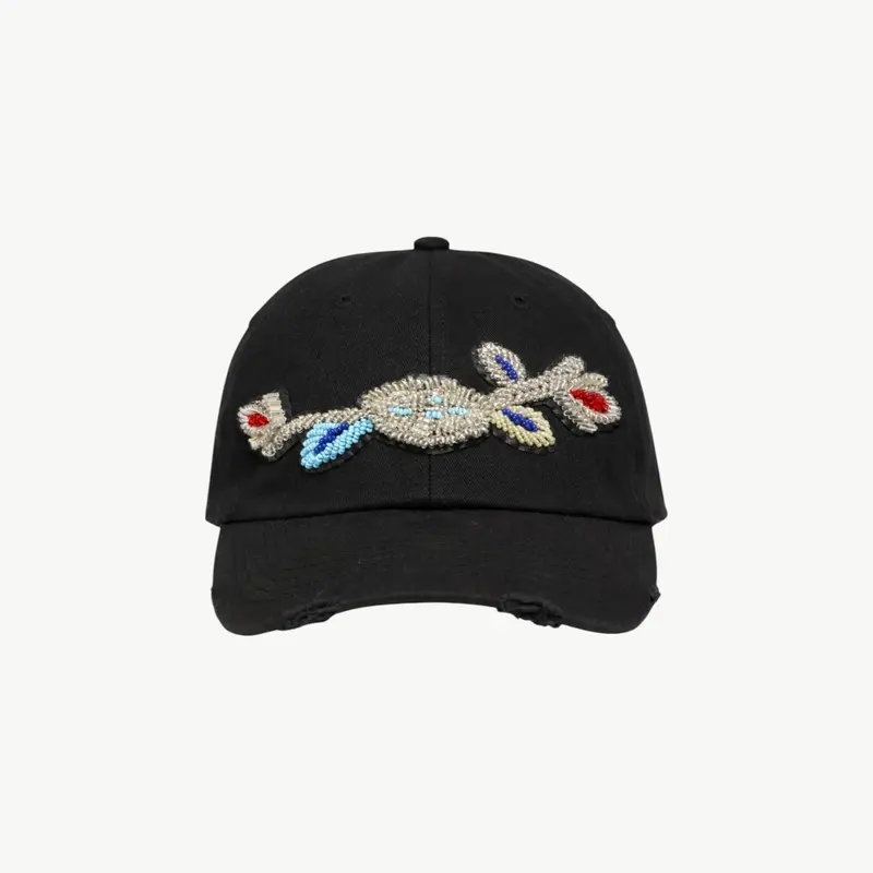 Embroidered Botanical Black Cap