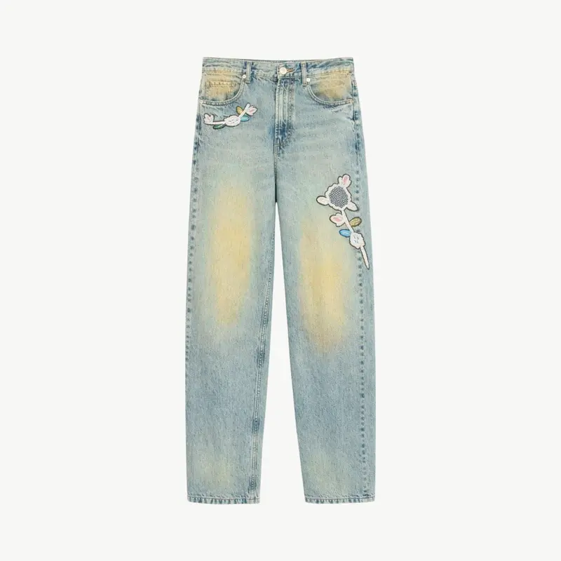 Embroidered Botanical Denim Pants
