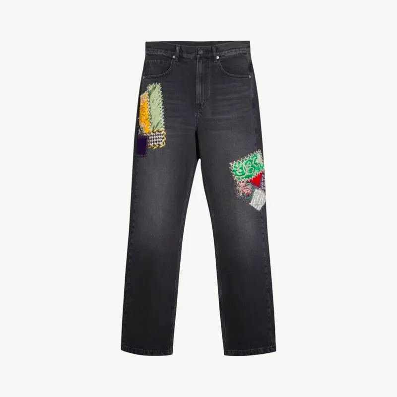 Embroidered Patchwork Denim Pants