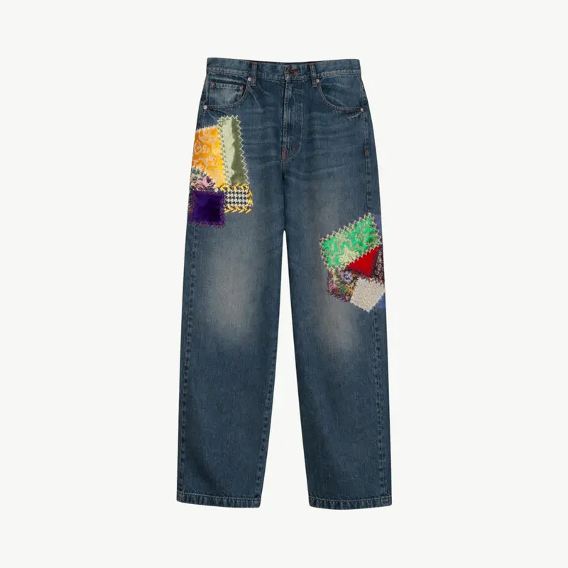 Embroidered Patchwork Denim Pants