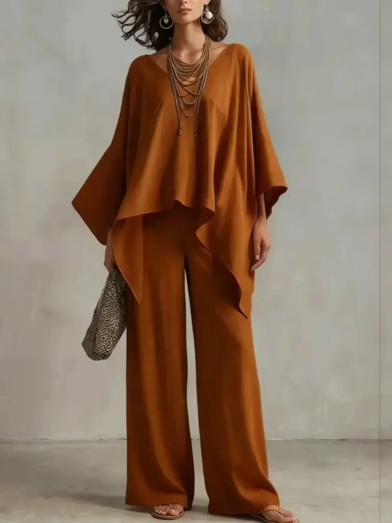Ensemble 2 Pièces Femme Lin & Coton Uni Élégant Ample – Printemps Été Automne – 3 Couleurs S–XXL