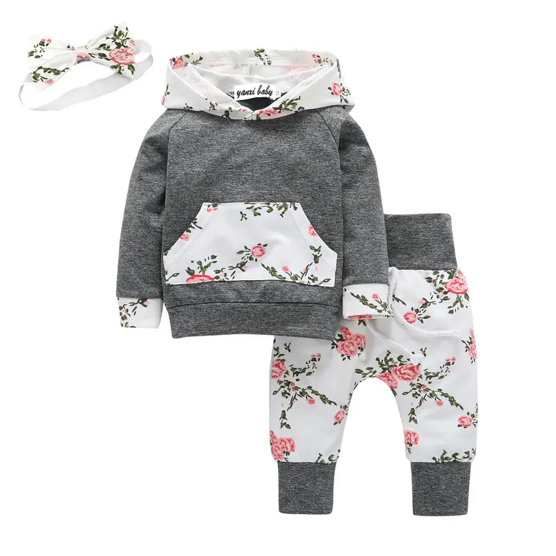 Ensemble bébé Lucia à capuche et motif floral, gris