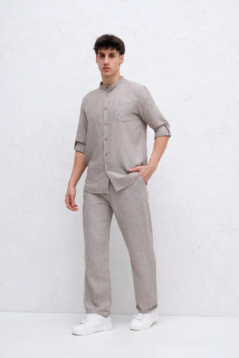 Ensemble Camel Chemise Col mao et pantalon