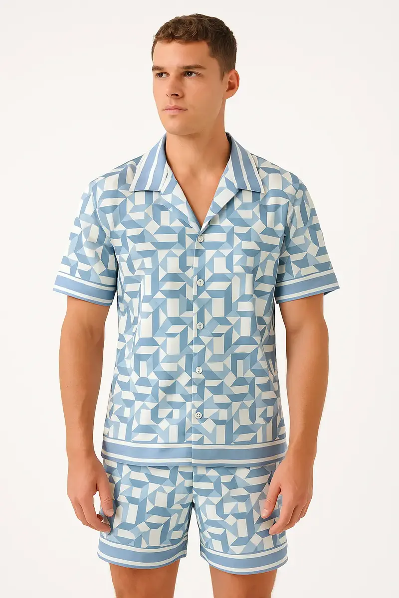 Ensemble Chemise et Short Geometrique Ciel