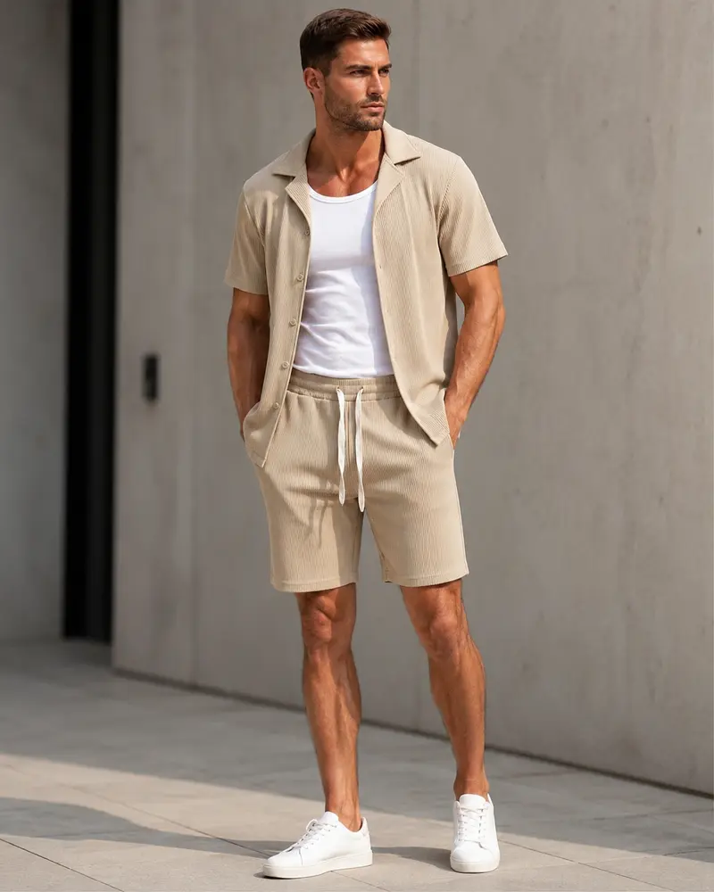 Ensemble chemise short homme beige