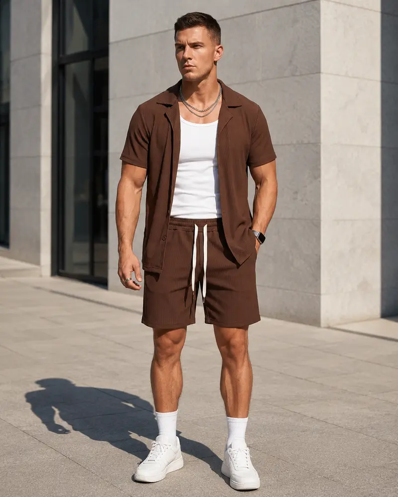 Ensemble chemise short homme marron