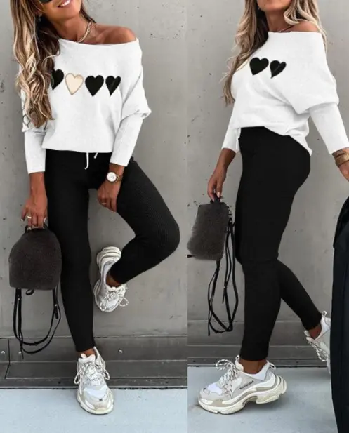 Ensemble décontracté noir et blanc avec haut et pantalon