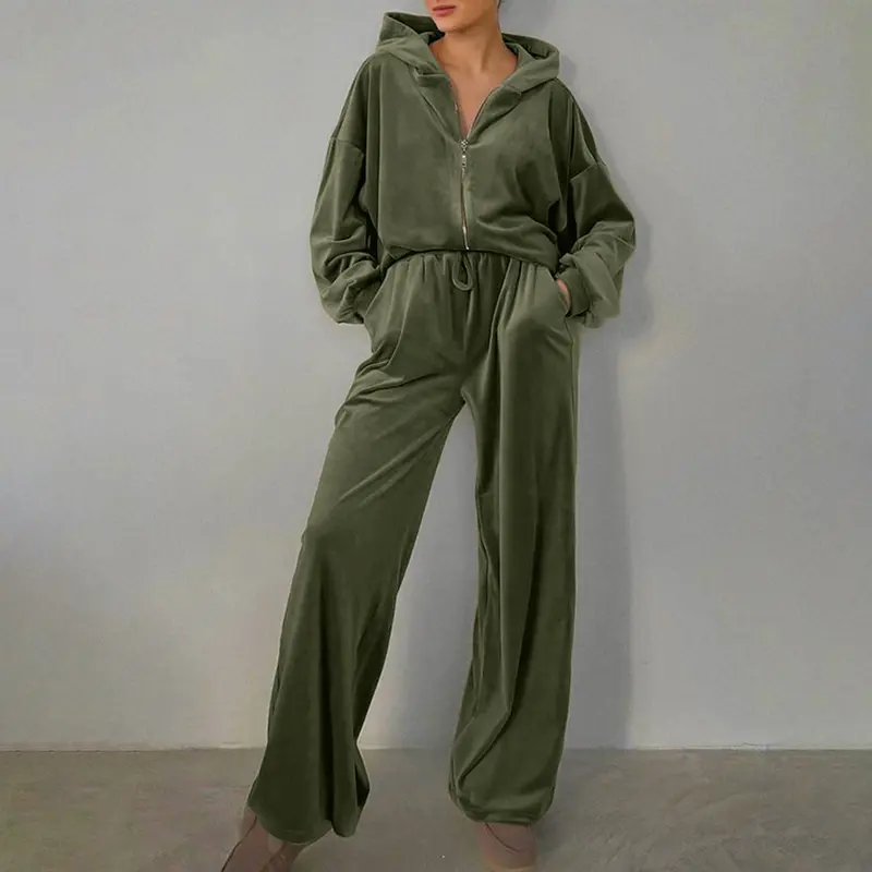 Ensemble femme effet velours vert – sweat à capuche et pantalon