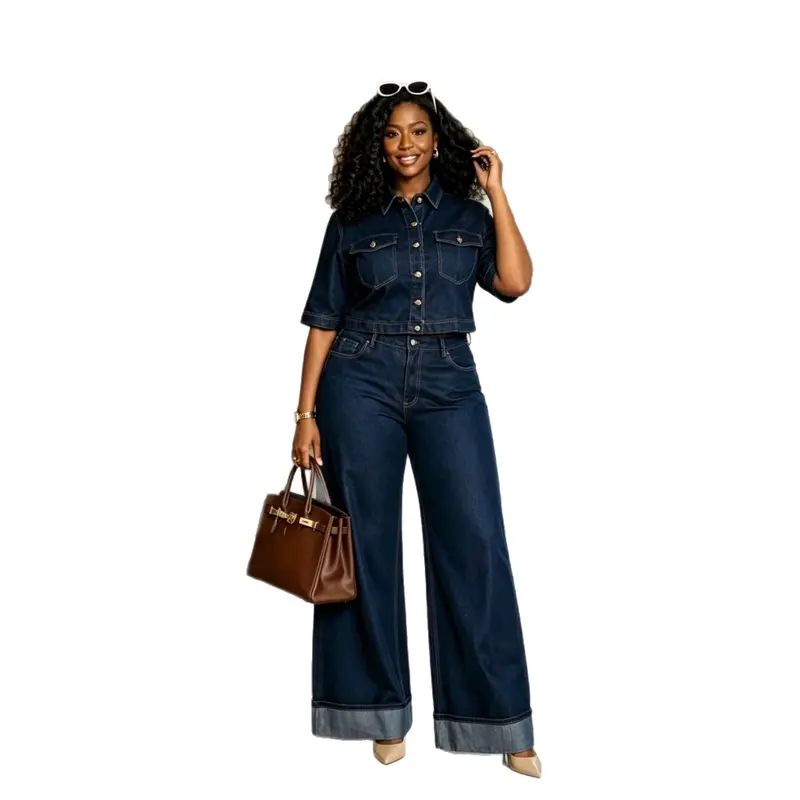 Ensemble femme en denim délavé, chemise à manches trois-quarts et pantalon