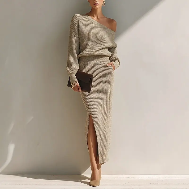 Ensemble femme en maille, haut asymétrique et jupe fendue