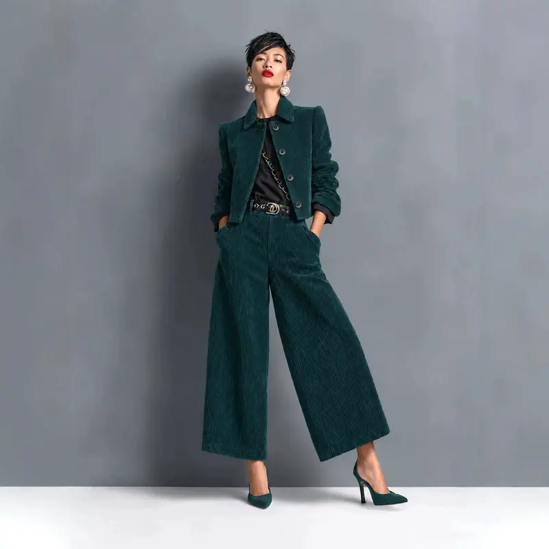 Ensemble femme en velours côtelé, veste courte et pantalon large
