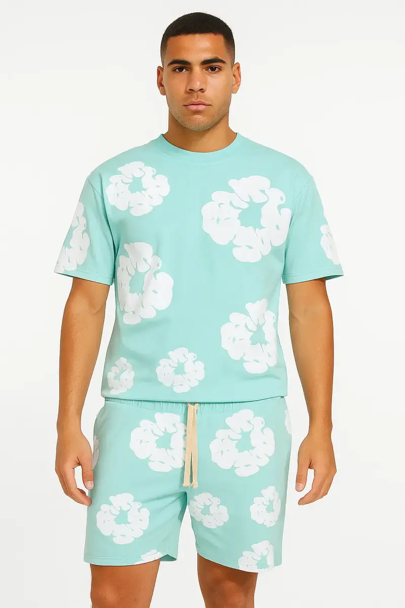 Ensemble Fleur Tee shirt et short Aqua Blanc