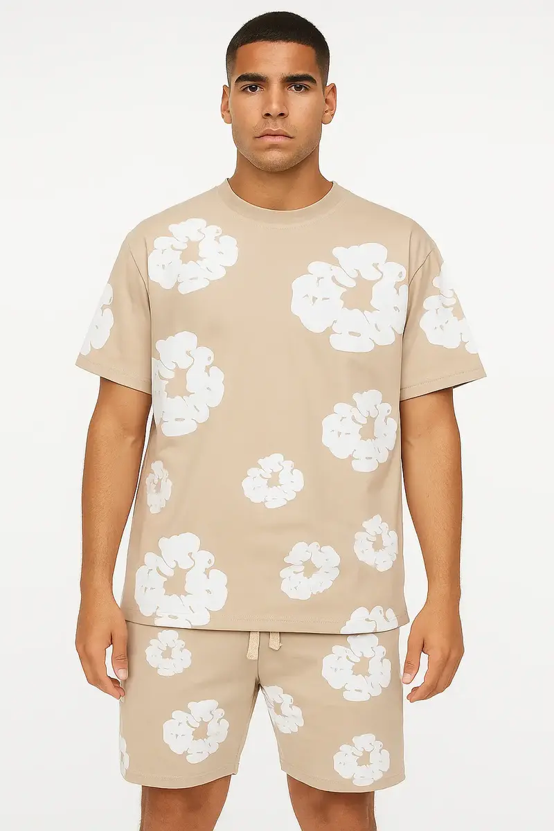 Ensemble Fleur Tee shirt et short Beige blanc