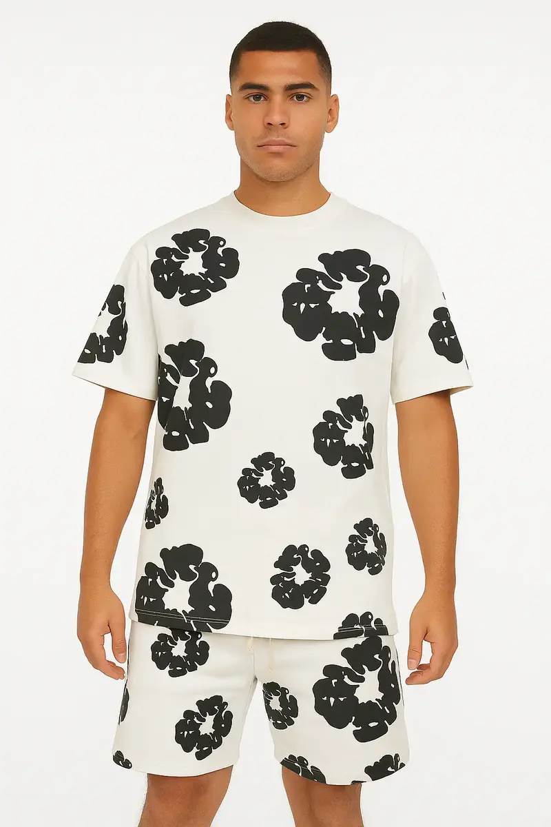 Ensemble Fleur Tee shirt et short blanc Noir