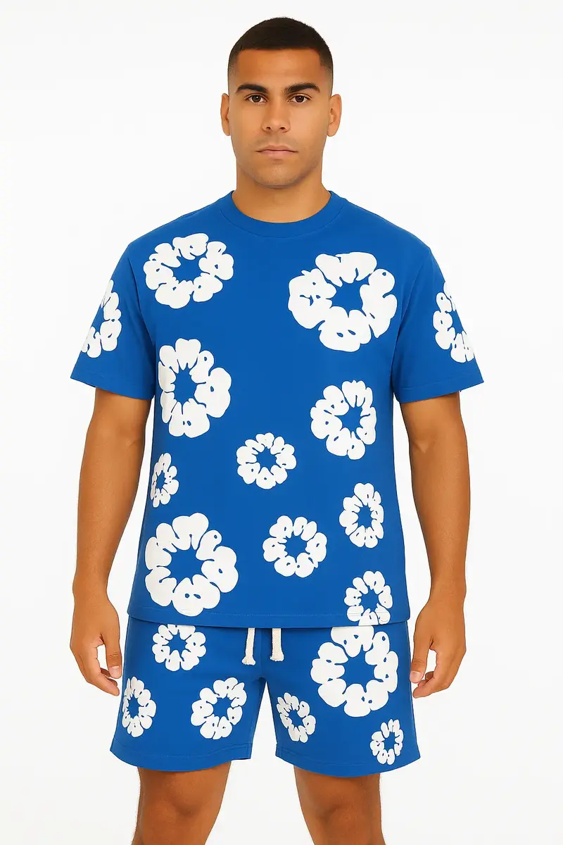 Ensemble Fleur Tee shirt et short Bleu royal et blanc