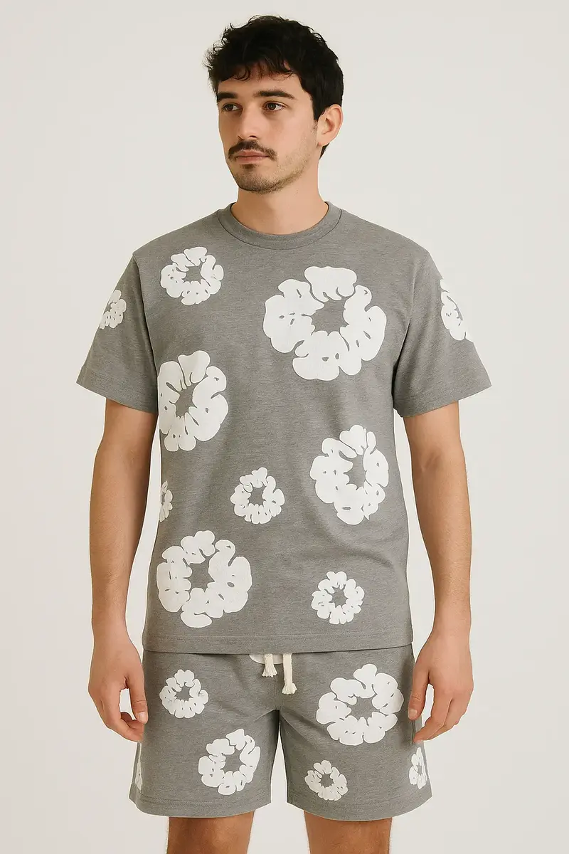 Ensemble Fleur Tee shirt et short Gris et Blanc
