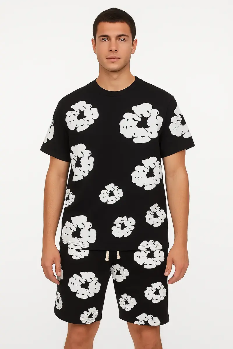 Ensemble Fleur Tee shirt et short Noir blanc