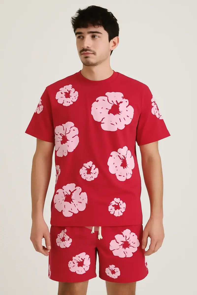 Ensemble Fleur Tee shirt et short Rouge blanc
