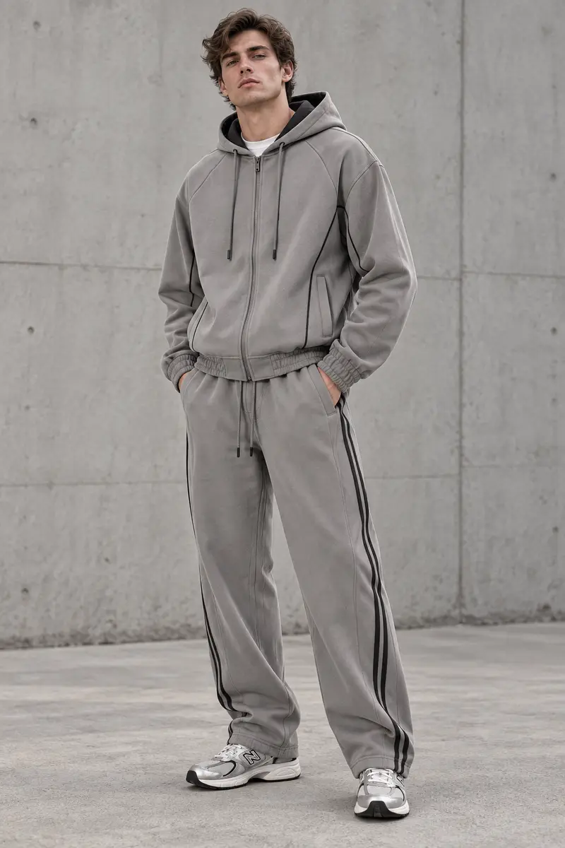 Ensemble homme gris à capuche et liserés contrastés