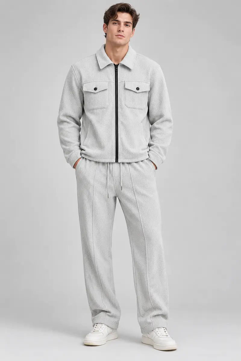 Ensemble homme gris texturé veste zippée et pantalon