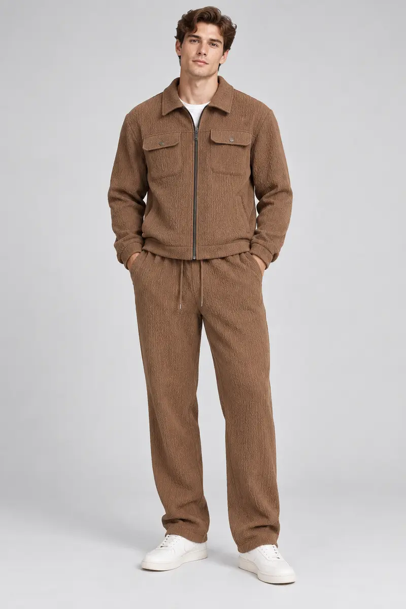 Ensemble homme marrron texturé veste zippée et pantalon