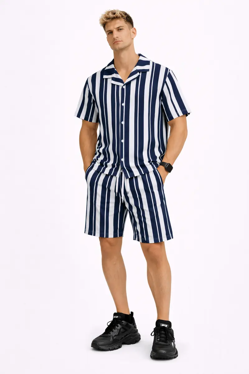 Ensemble Homme Rayé Gris Été Chemise manche courte et Short Marine