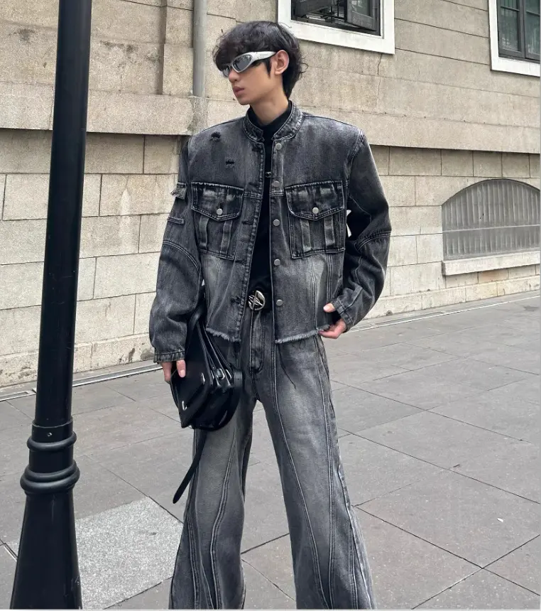 Ensemble Jean Retro Homme Style Vintage – Veste & Pantalon Coton Gris