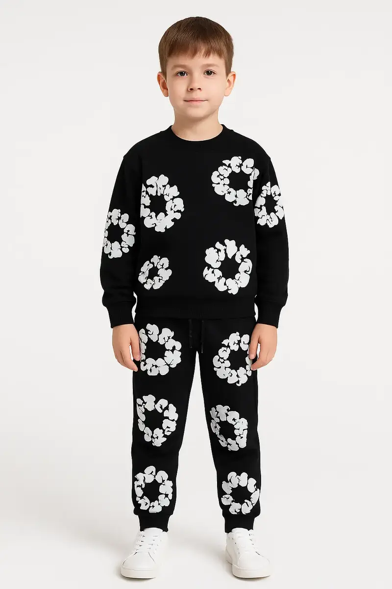 Ensemble Jogging et Sweat Noir à Motifs Blancs – Streetwear Enfant