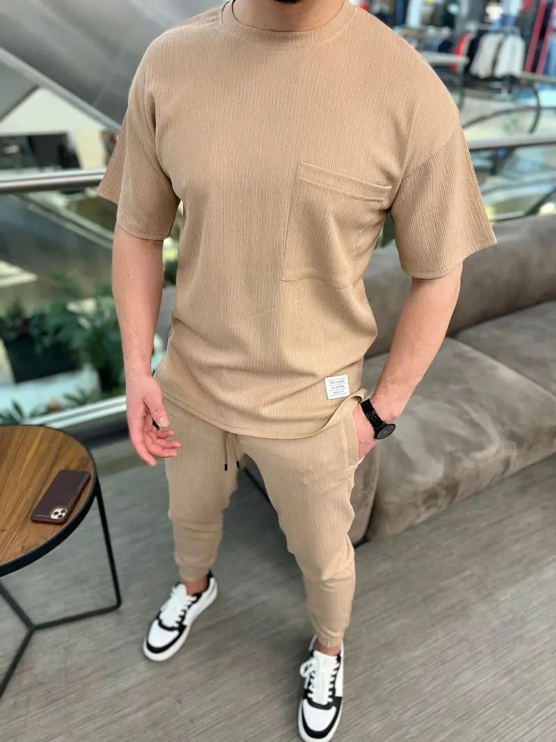 Ensemble pantalon tee-shirt beige fashion homme